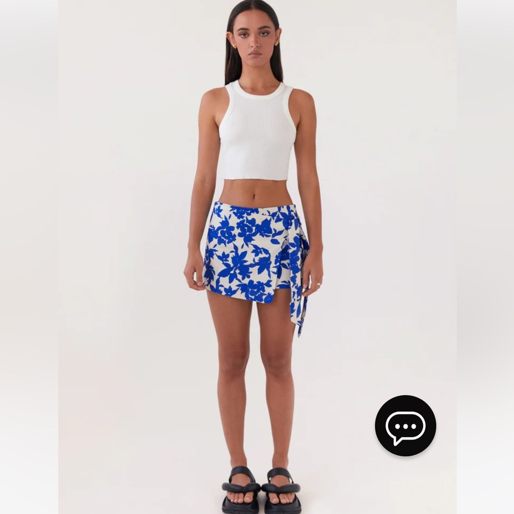 PepperMayo NWOT Blue Floral Linen wrap skirt